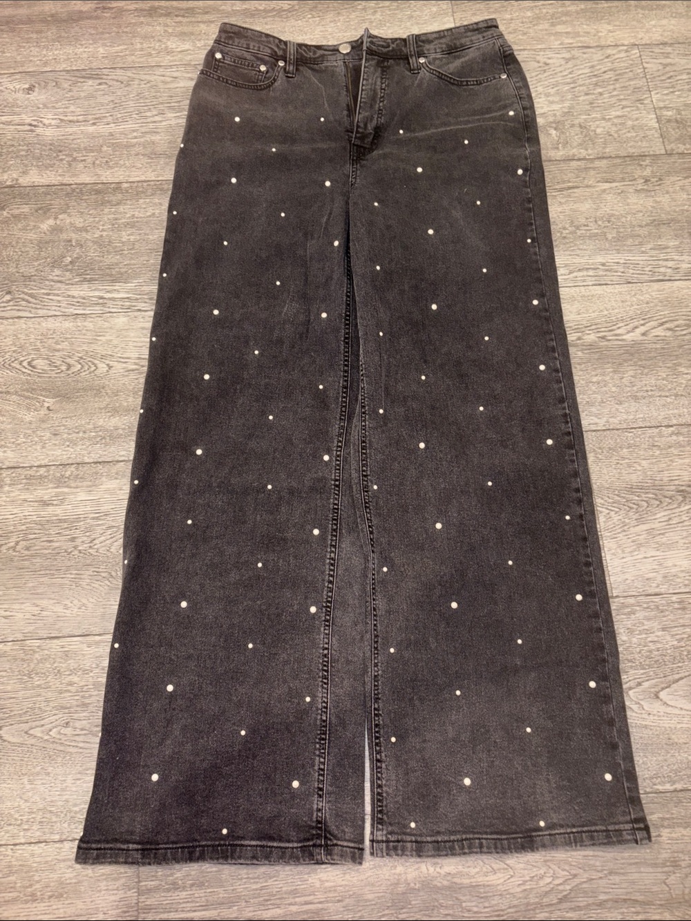 Wide Leg Black Denim Jeans with Pearl Studs